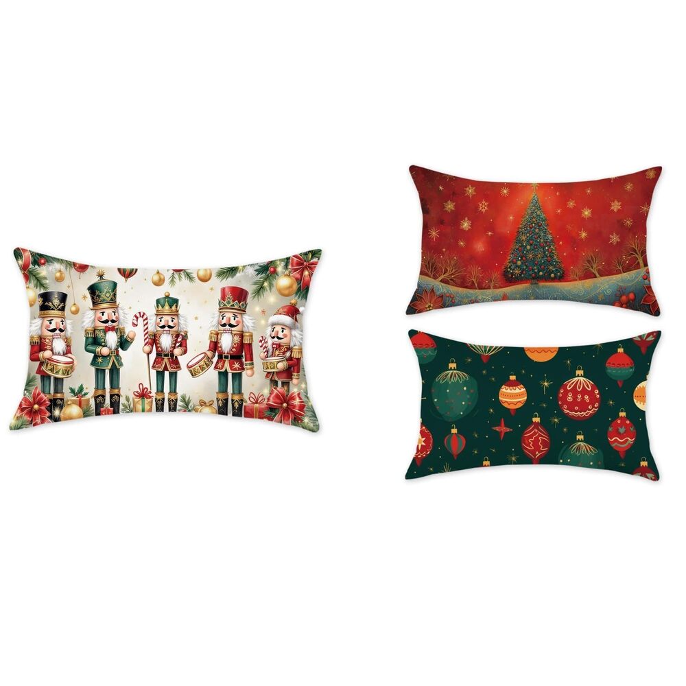 4256 Christmas Pillow Covers 12x20 Inch Set of 3 Reindeer Santa Snowman